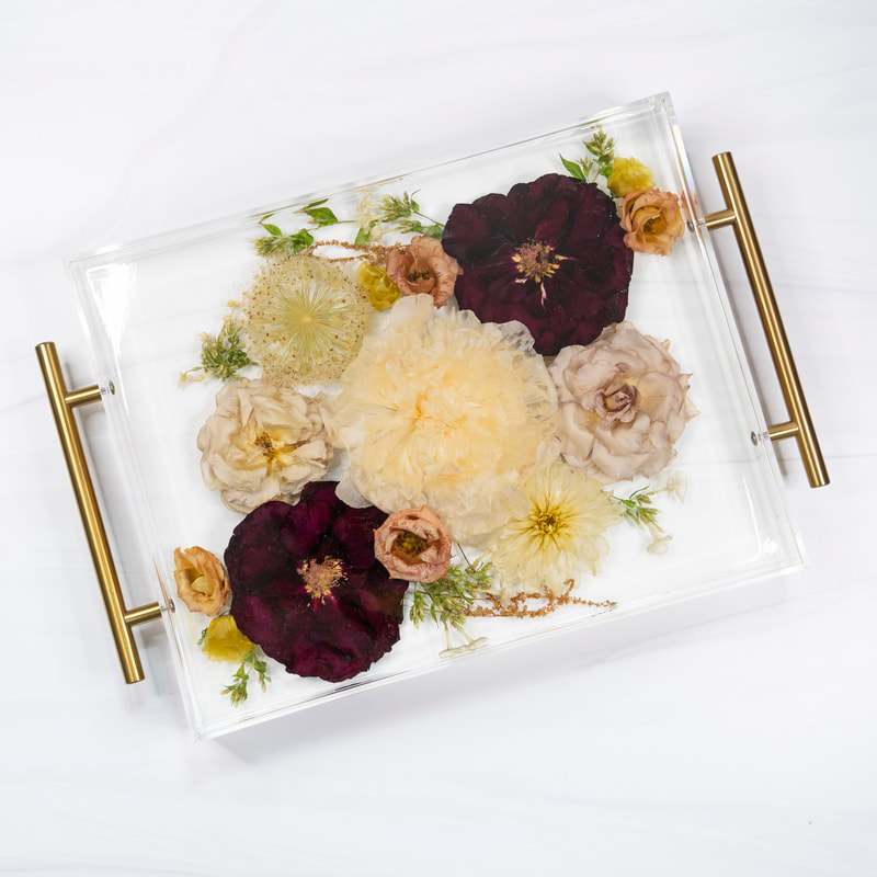 Flowers preserved in acrylic and made into a serving tray